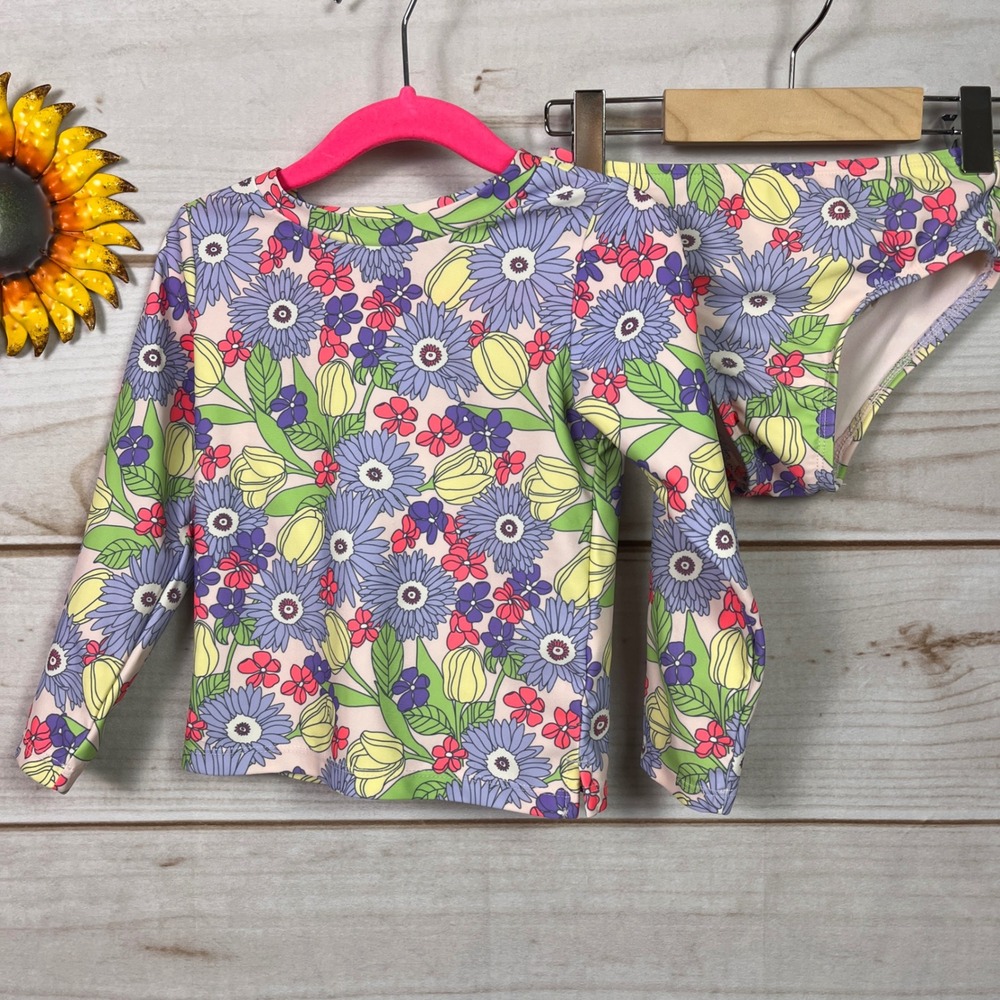 Baby Gap Girls Floral Rash Guard Swimsuit Set Purple Yellow 3 Years